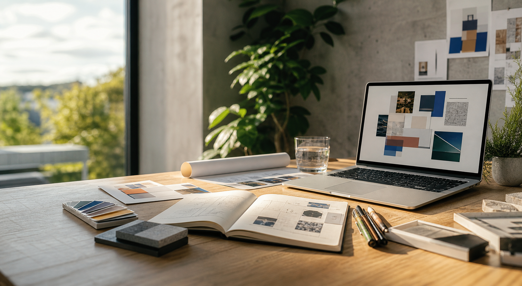 Creative workspace with laptop, notebook, and project materials